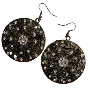 Rustic Antique Design Gold Circle Disc with Cut outs and Rhinestones Earrings